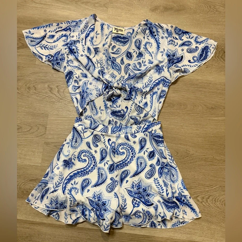 Show Me Your MuMu Blue and White Paisley short jumpsuit - Picture 2 of 6